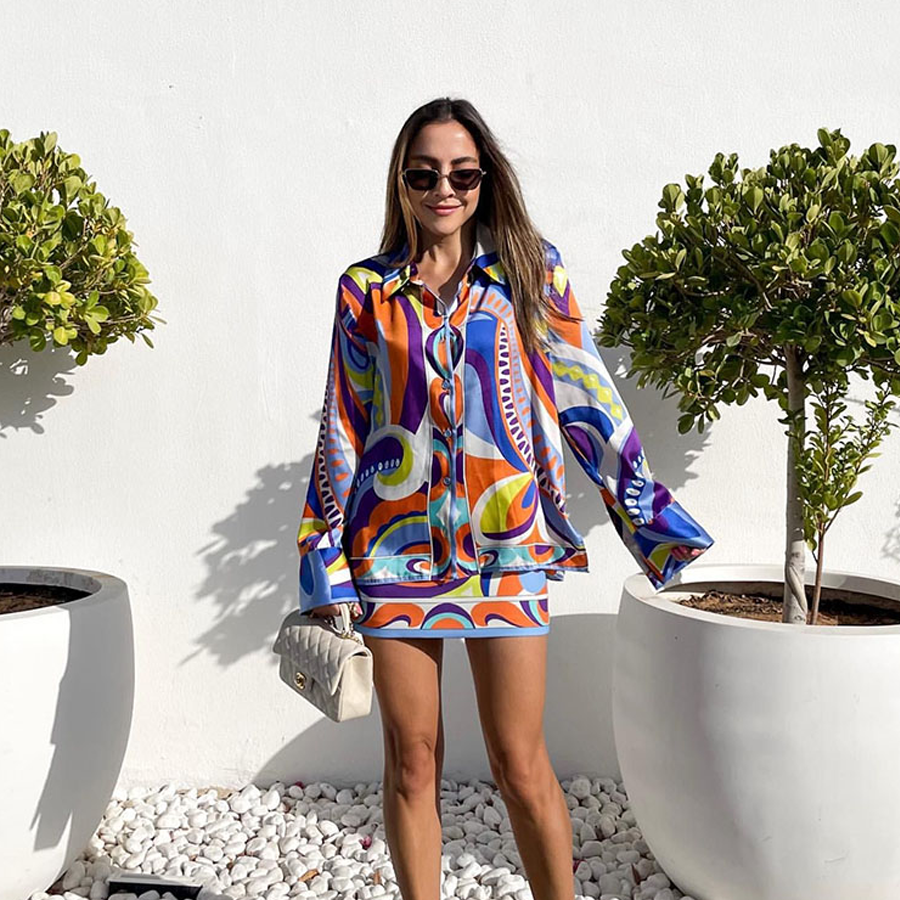 Casual Printed Two Piece Shirt and Shorts Set Flaxmaker