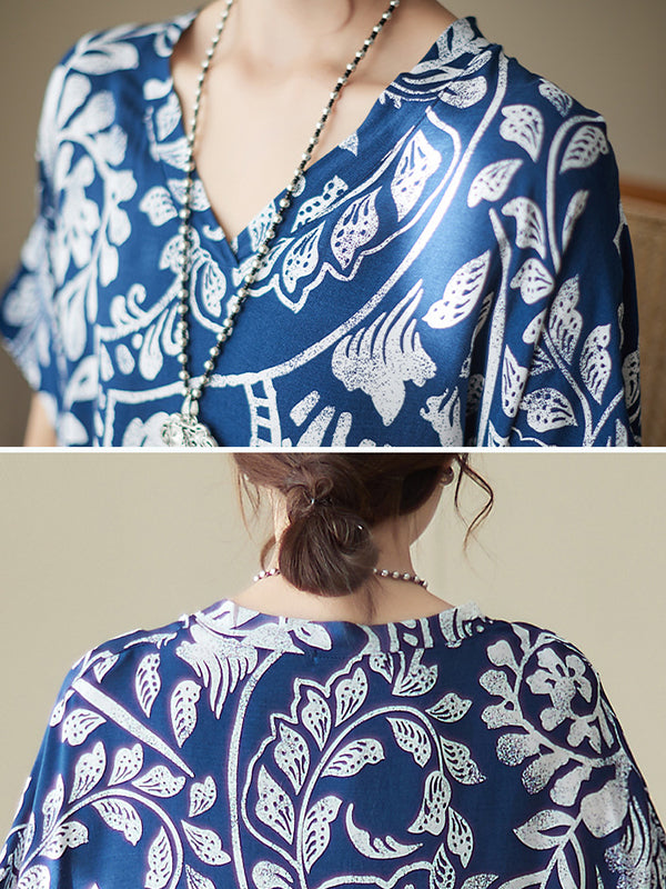 Printed Loose Short Sleeves V-Neck Maxi Dresses