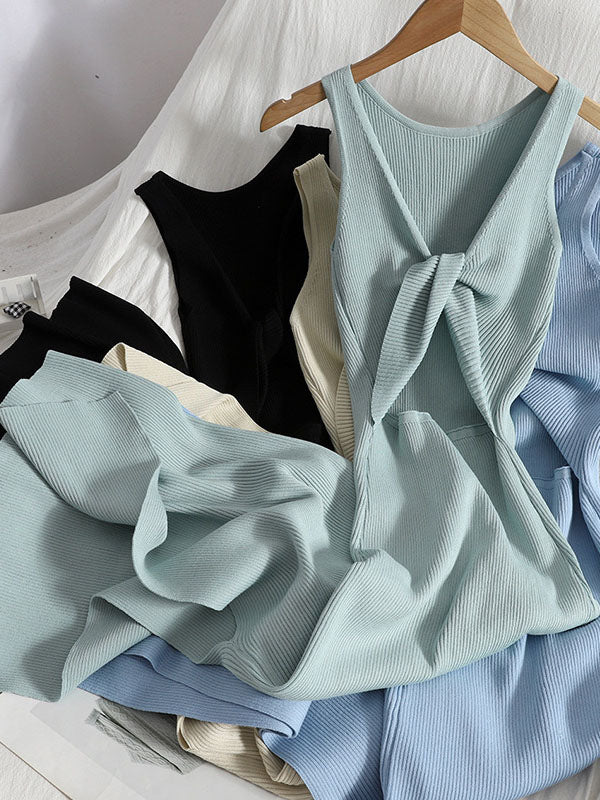 Bowknot Hollow Solid Color Bodycon Sleeveless Midi Dresses