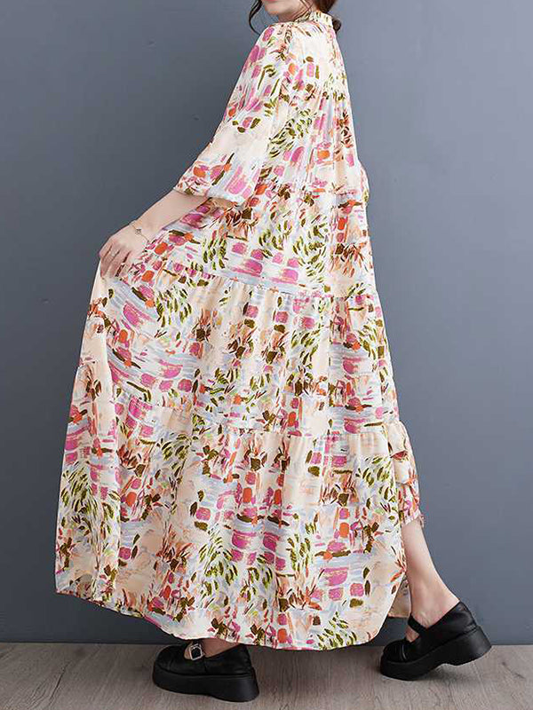 Pleated Printed Split-Joint Long Sleeves Loose Stand Collar Shirt Dress Midi Dresses