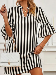 Contrast Color Pleated Split-Joint Striped A-Line Flared Sleeves V-Neck Mini Dresses