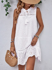 Hollow Lace-Up Solid Color Loose Sleeveless Round-neck Mini Dresses