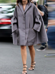 Flared Sleeves Long Sleeves Pockets Solid Color Notched Collar Mini Dresses Shirt Dress