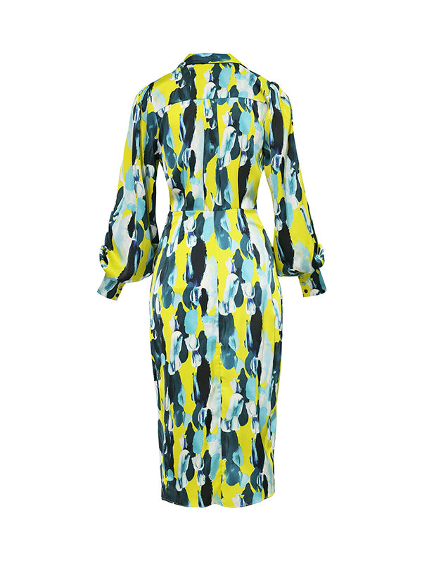 Asymmetric Pleated Printed Split-Joint High Waisted Long Sleeves Deep V-Neck Midi Dresses