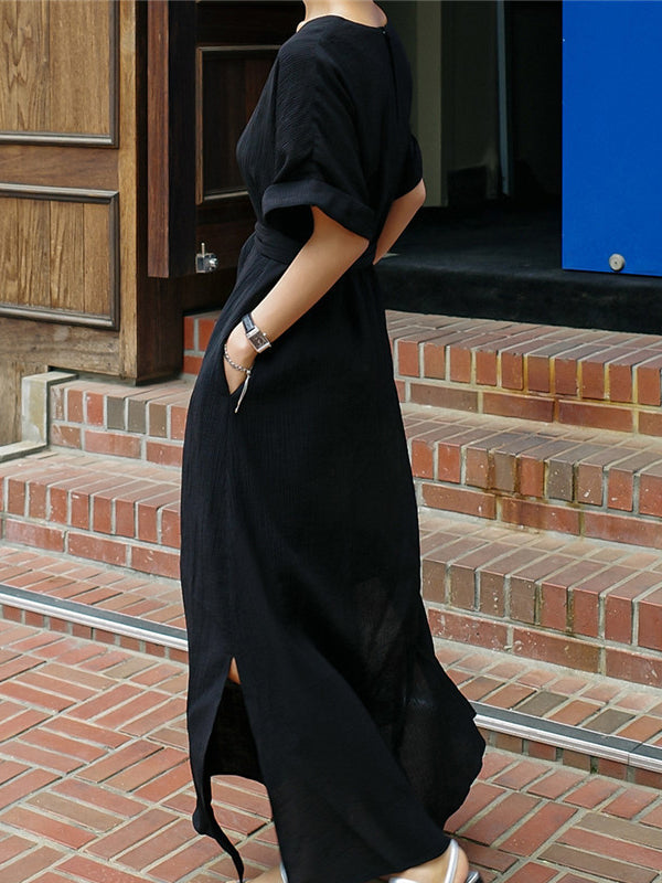 Hollow Solid Color Split-Side Tied Waist A-Line Loose V-Neck Midi Dresses