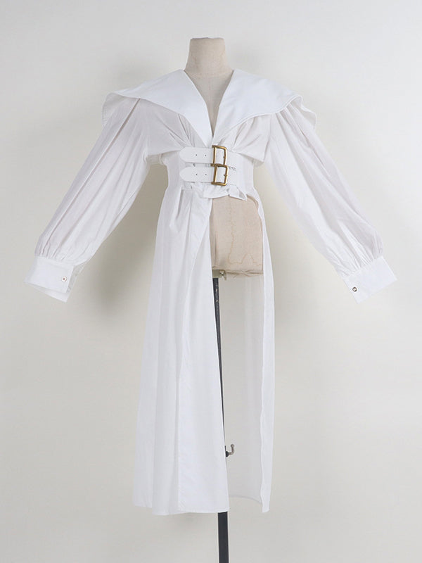 Asymmetric Belted Pleated Solid Color High Waisted Long Sleeves Lapel Midi Dresses