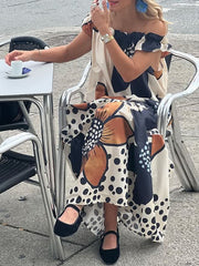 Flower Print Split-Joint Loose Short Sleeves Off-The-Shoulder Maxi Dresses