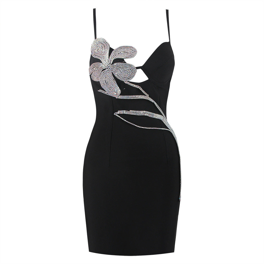 Black Sling Rhinestone Decor Mini Dress