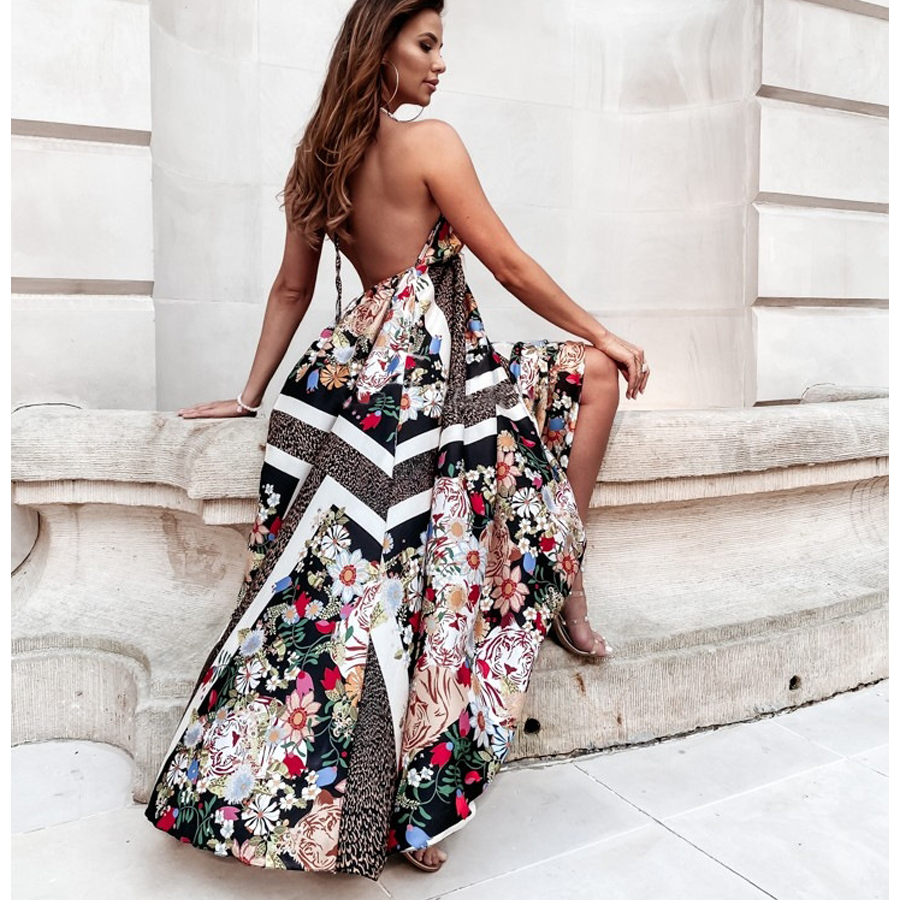 V Neck Blossom Printed  Backless Sling Dress
