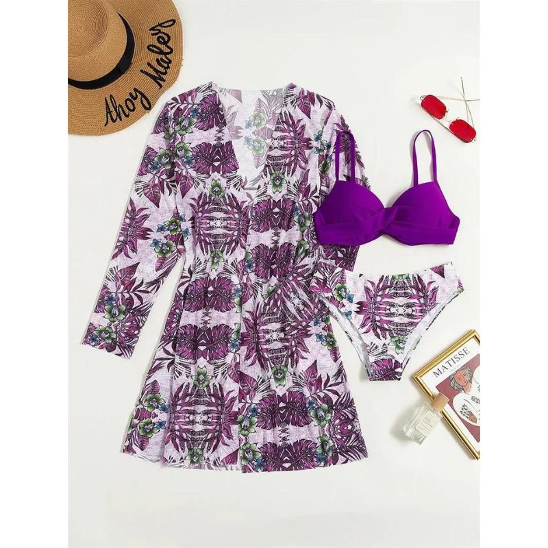 Push Up Printed Bikini Swimsuit and Chiffon Cardigan