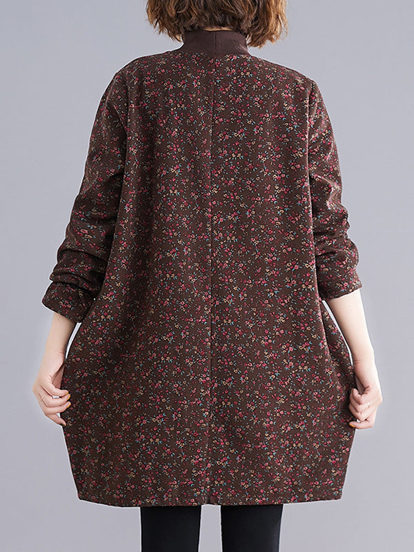 Vintage Loose Long Sleeves Floral Printed High-Neck Mini Dresses