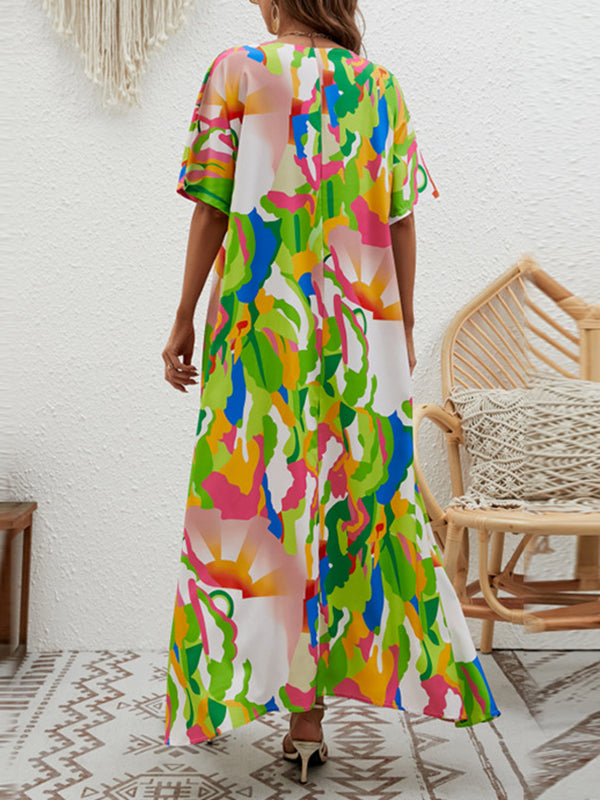 Contrast Color High-Waisted Printed Loose Short Sleeves V-neck Maxi Dresses