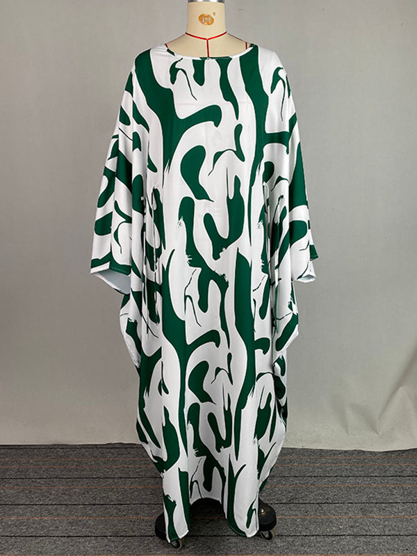 Batwing Sleeves Loose Contrast Color Printed Round-Neck Maxi Dresses