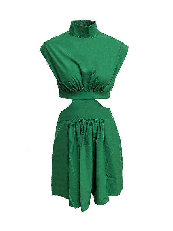 Belly-Hollow Pleated Solid Color Skinny Stand Collar Mini Dresses