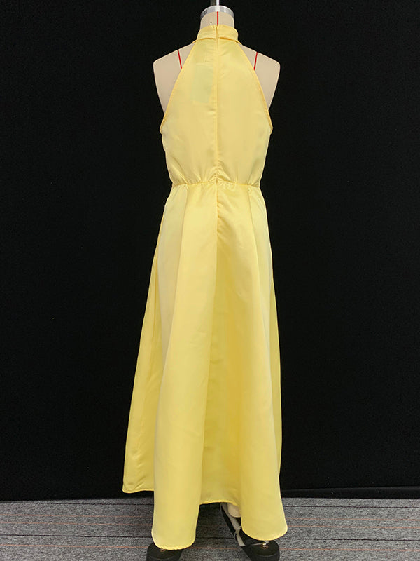 Belted Pleated Pockets Solid Color A-line Loose V-neck Midi Dresses