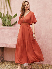 Vacation Half Sleeves Wrap Solid Color V-Neck Maxi Dress