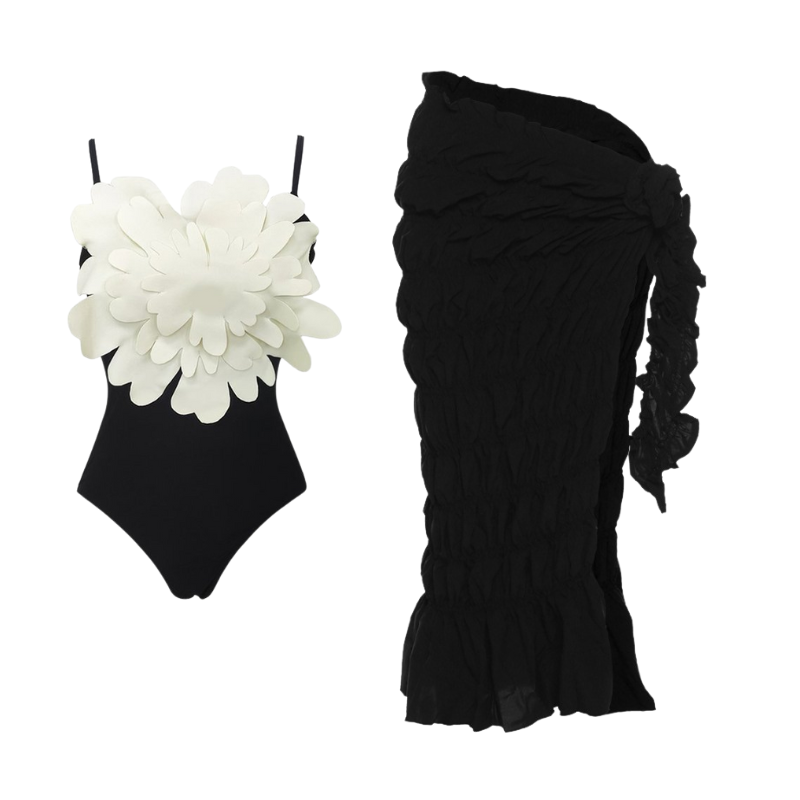 Flaxmaker 3D Flower Decor Black One Piece Swimsuit and Sarong