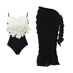 Flaxmaker 3D Flower Decor Black One Piece Swimsuit and Sarong
