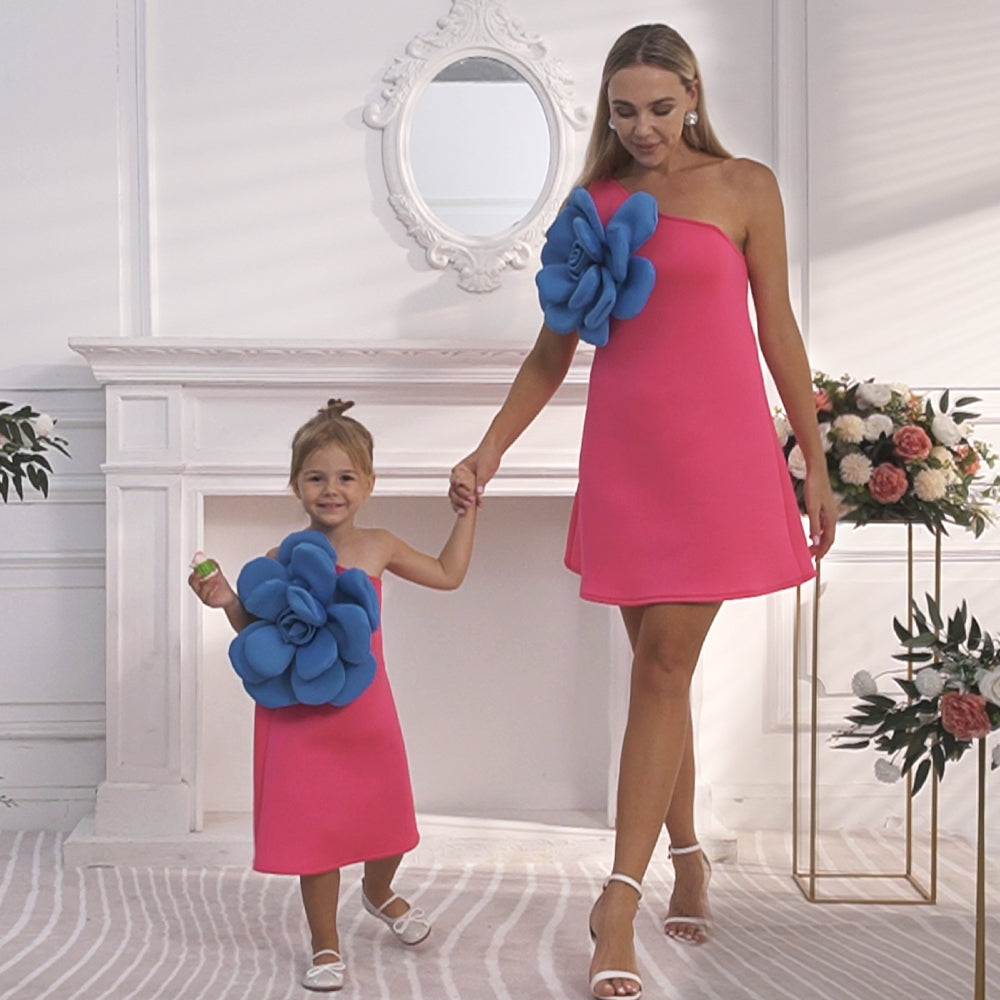 Mommy and Me Color-Block 3D Flower Sleeveless Dress Flaxmaker