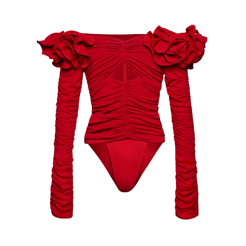 Flaxmaker Red Off Shoulder 3D Flower Long Sleeve One Piece Swimsuit and Skirt