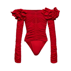 Flaxmaker Red Off Shoulder 3D Flower Long Sleeve One Piece Swimsuit and Skirt
