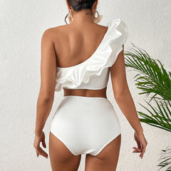 One Shoulder Ruffled White High Waist Bikini Swimsuit Flaxmaker