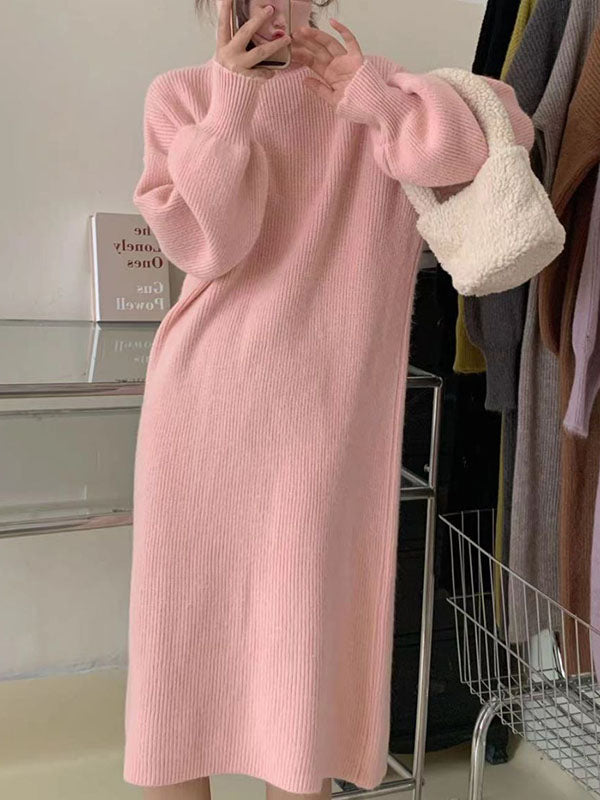 Solid Color Long Sleeves Loose High Neck Sweater Dresses Midi Dresses