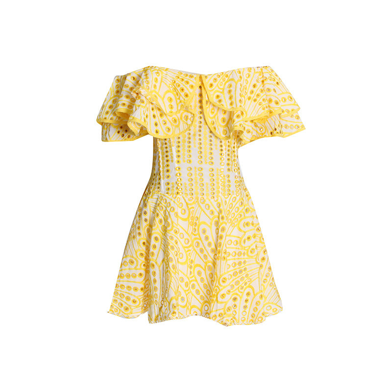 Double Ruffle Embroidery Hollow Out Mini Dress