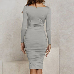 Ruched Solid White Black Red Long Sleeve Office Formal Dresses