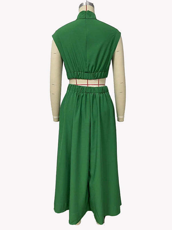 Belly-Hollow Pleated Solid Color Cap Sleeve Stand Collar Maxi Dresses