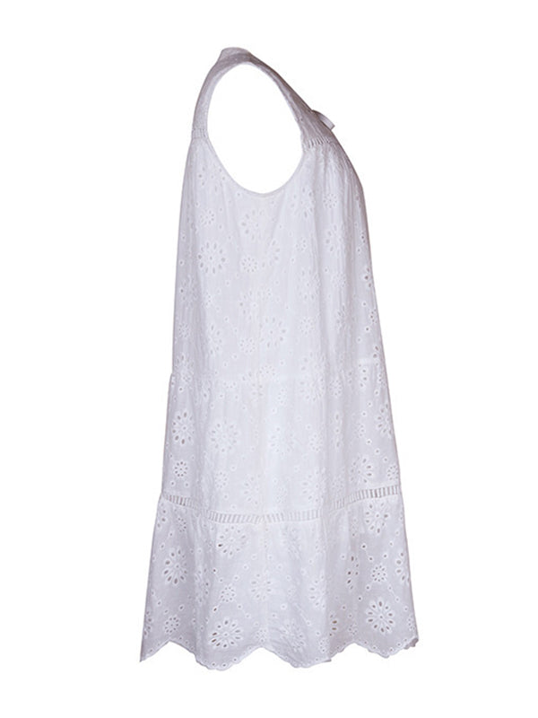 Hollow Lace-Up Solid Color Loose Sleeveless Round-neck Mini Dresses