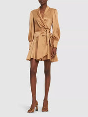 Solid Color Ruffled Long Sleeves Satin Elegant Mini Dresses