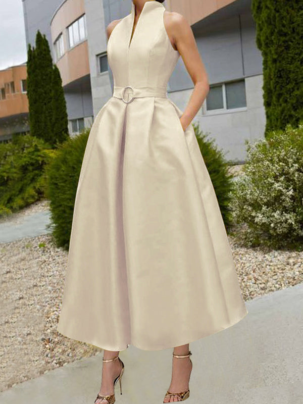 Belted Pleated Pockets Solid Color A-line Loose V-neck Midi Dresses