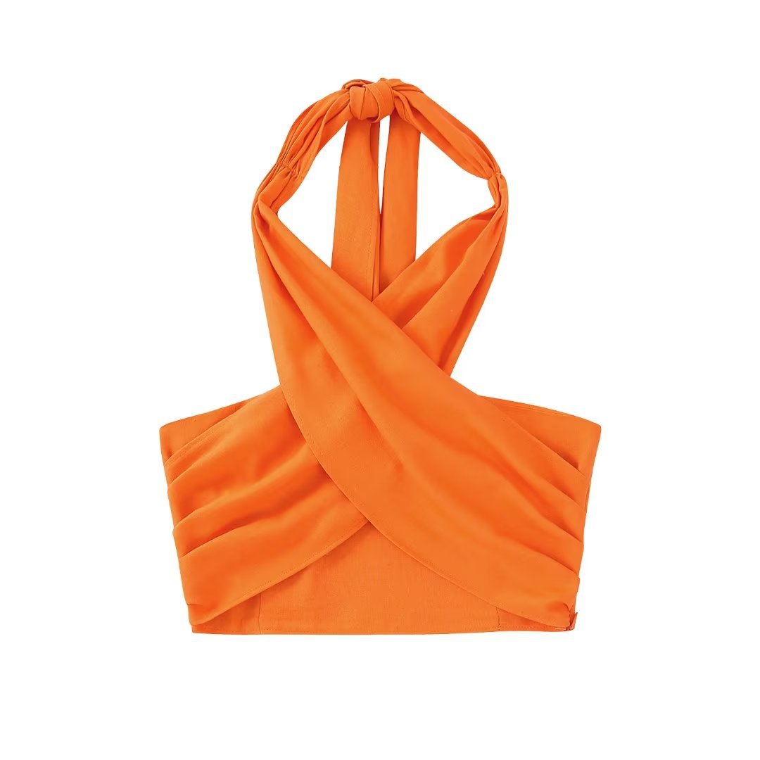 Fashion Temperament Orange Halter Solid Color Two Piece Set