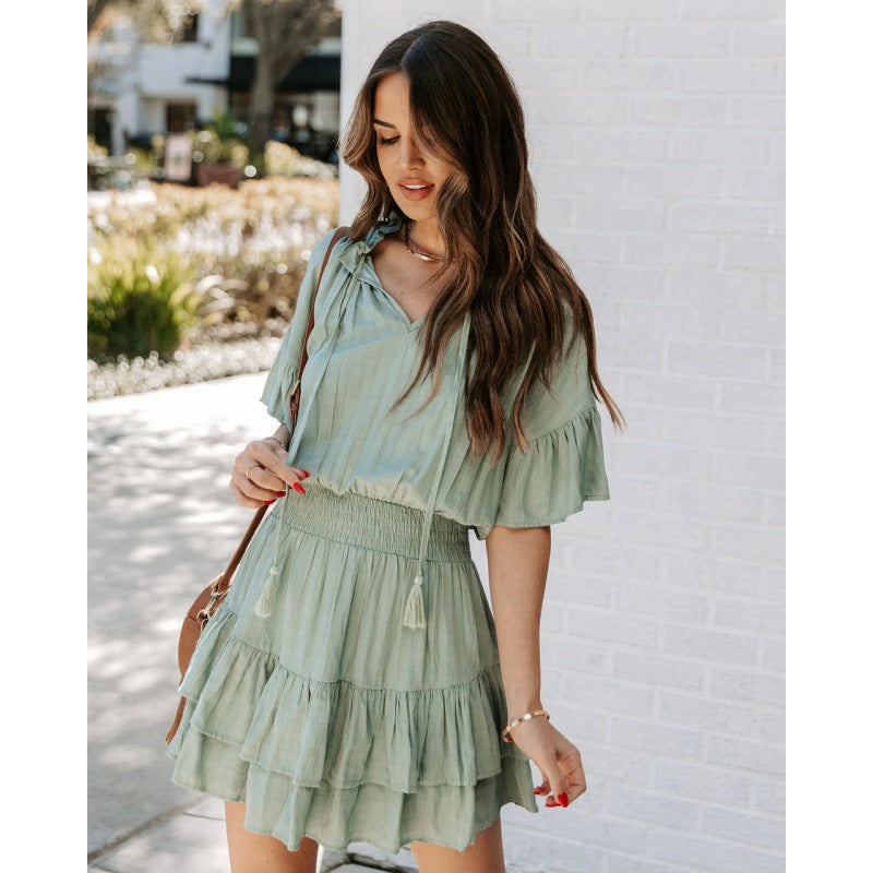 V-neck Ruffled Solid Color Dress