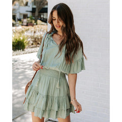 V-neck Ruffled Solid Color Dress