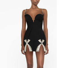 Bowknot Slit Deep V Black Mini Dress Flaxmaker