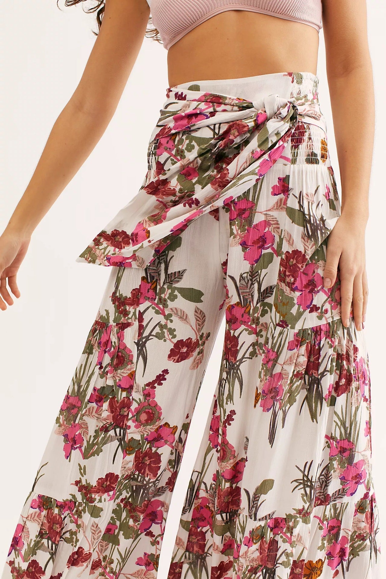 Waist Bowknot Tie Printed Beach Pants