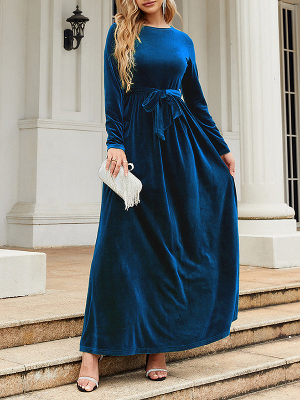 Belted Pleated Solid Color Zipper Long Sleeves Wrap Round-Neck Maxi Dresses