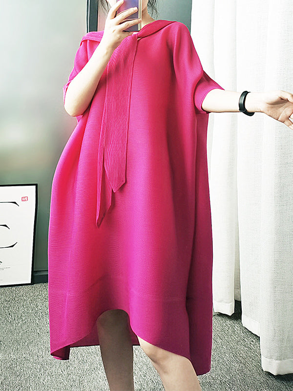 Lace-Up Pleated Batwing Sleeves Loose Hooded Midi Dresses
