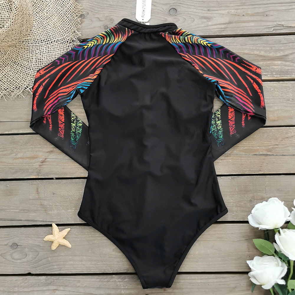 Long Sleeve Zipper Printed Surf One Piece Swimsuit Flaxmaker