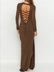 Backless Hollow Solid Color Split-Side Bodycon Long Sleeves Round-Neck Maxi Dresses