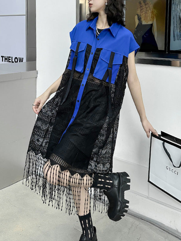 Sleeveless See-Through Split-Joint Tasseled Lapel Lace Midi Dresses