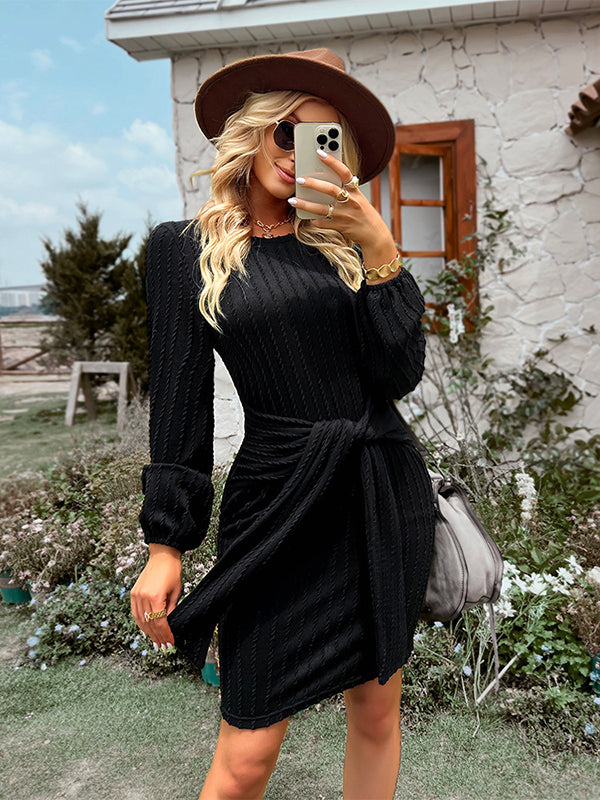 Vacation Puff Sleeves Lace-Up Solid Color Round-Neck Dress