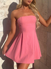 Backless Pleated Solid Color Split-Joint Tied A-line Loose Tube Mini Dresses