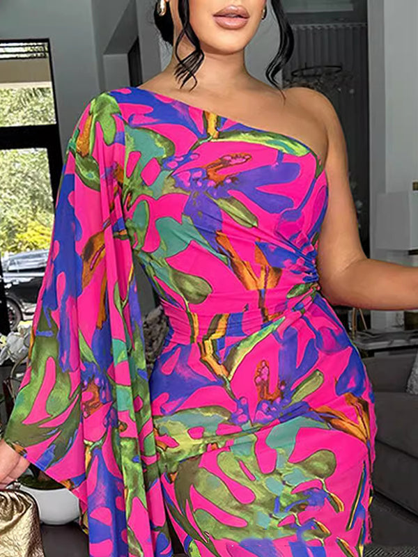 Asymmetric Pleated Printed Bodycon Sleeveless One-Shoulder Maxi Dresses
