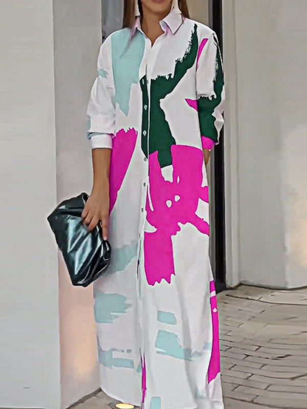 Buttoned Contrast Color Pockets Printed Split-Side Loose Wrap Shirt Dress