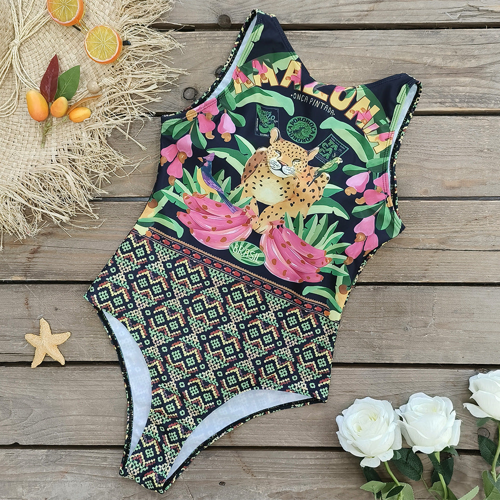 Sleeveless Printed One Piece Swimsuit Flaxmaker