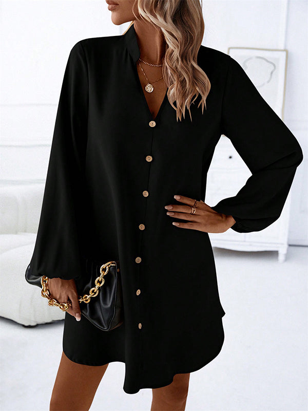 Buttoned Solid Color A-line Long Sleeves V-neck Mini Dresses