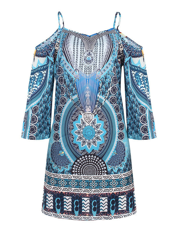 Hollow Printed Split-Joint High Waisted Loose Cold Shoulder Mini Dresses